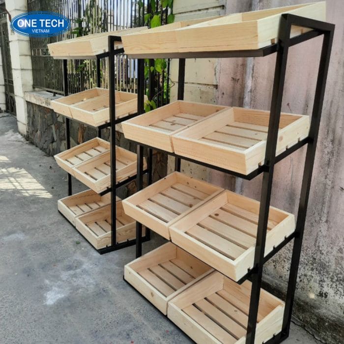 Kệ khung sắt mâm gỗ 4 tầng 